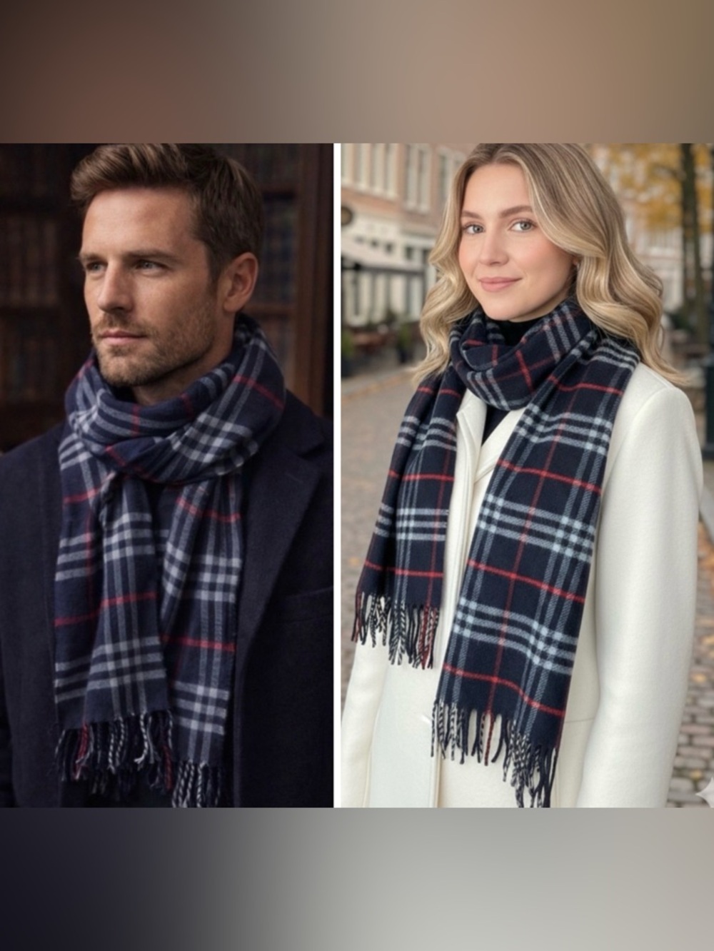🆕Auth BURBERRY Navy Gray Red Plaid Fringe Scarf ~UNISEX~